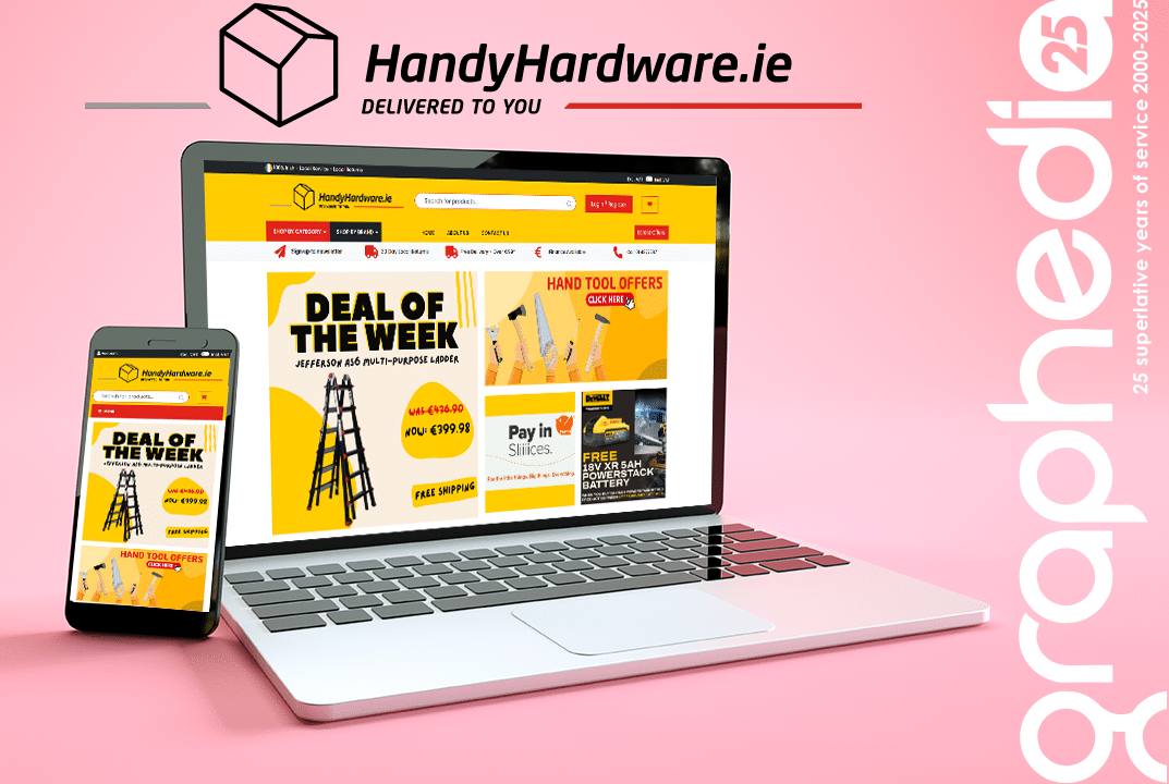 A laptop and smartphone displaying the HandyHardware.ie e-commerce website on a pink background. The website features a 'Deal of the Week' promotion and other product discounts. The HandyHardware.ie logo is visible at the top, and the image includes a 'graphedia 25' branding mark celebrating 25 years of service from 2000-2025.